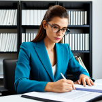 **

"A confident professional in a modest, tailored pantsuit, sitting at a bright desk in a modern, minimalist office. She is reviewing documents with a focused expression. Bookshelves and plants are visible in the background. Fully clothed, appropriate attire, safe for work, professional, perfect anatomy, correct proportions, natural pose, well-formed hands, proper finger count, natural body proportions, high quality, sharp focus."

**