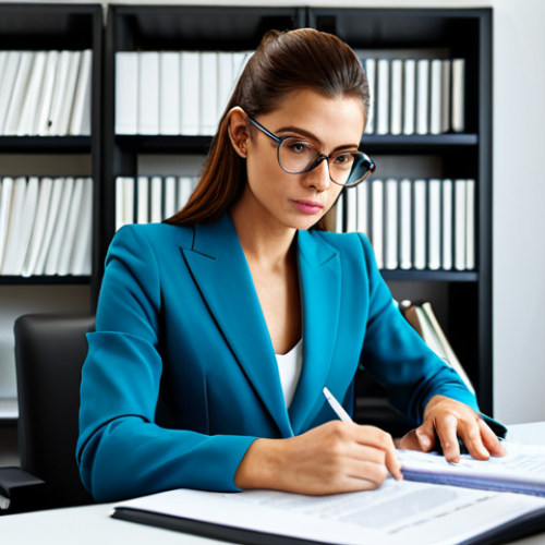 **

"A confident professional in a modest, tailored pantsuit, sitting at a bright desk in a modern, minimalist office. She is reviewing documents with a focused expression. Bookshelves and plants are visible in the background. Fully clothed, appropriate attire, safe for work, professional, perfect anatomy, correct proportions, natural pose, well-formed hands, proper finger count, natural body proportions, high quality, sharp focus."

**