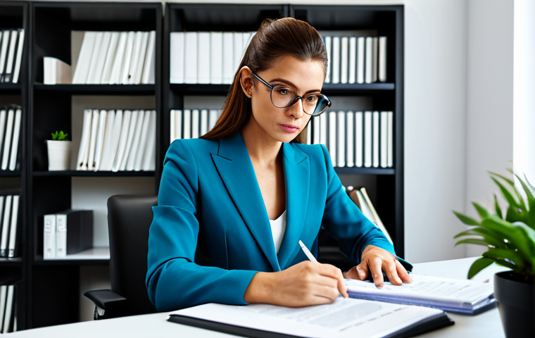 **

"A confident professional in a modest, tailored pantsuit, sitting at a bright desk in a modern, minimalist office. She is reviewing documents with a focused expression. Bookshelves and plants are visible in the background. Fully clothed, appropriate attire, safe for work, professional, perfect anatomy, correct proportions, natural pose, well-formed hands, proper finger count, natural body proportions, high quality, sharp focus."

**