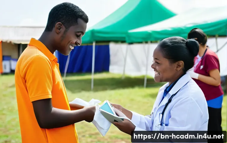 보건의료행정사 실무 경험 쌓는 법 - **Image Prompt: Community Health Camp and Digital Registration**
    A group of diverse young health...