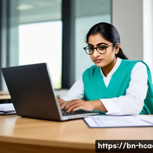 보건의료행정사 취업 성공 노하우 - A professional Bengali healthcare administration intern, wearing modest business casual attire and g...