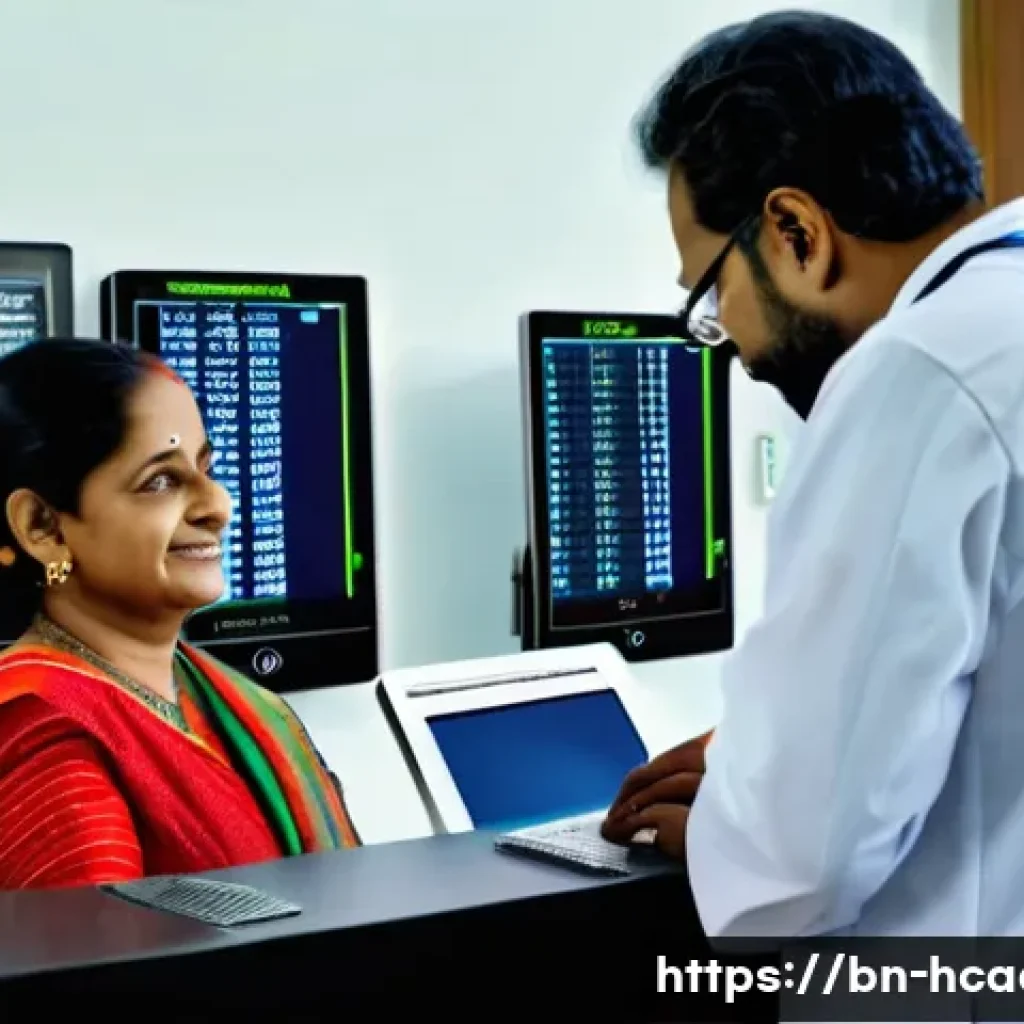 보건의료행정사와 업무 자동화 툴 - A modern Bengali hospital reception area featuring a digital appointment booking kiosk with Bengali ...