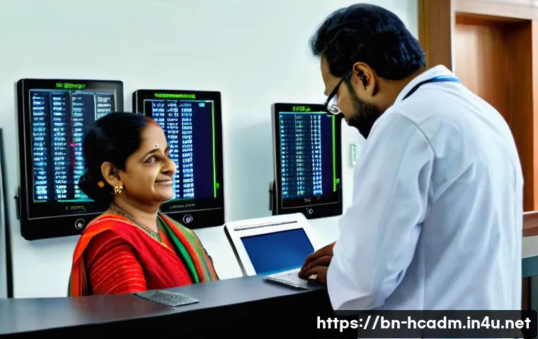 보건의료행정사와 업무 자동화 툴 - A modern Bengali hospital reception area featuring a digital appointment booking kiosk with Bengali ...