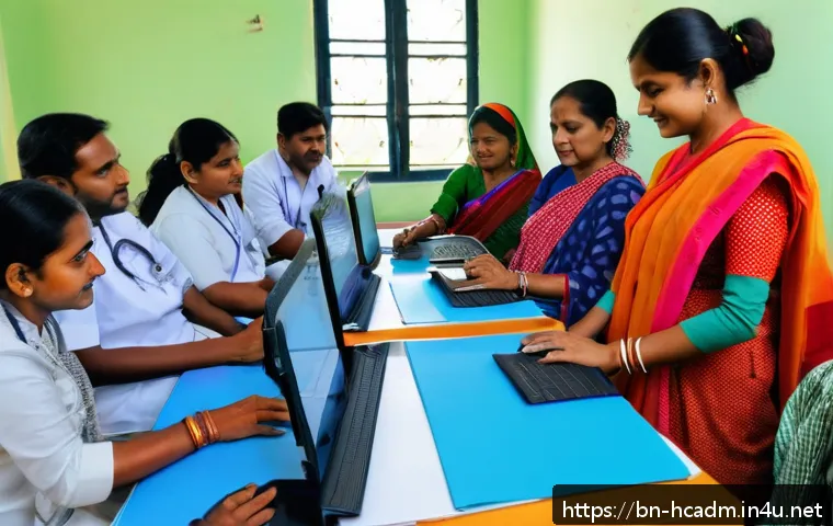 보건의료행정사 연봉 통계와 전망 - A modern health administration office in rural Bangladesh, featuring diverse Bengali healthcare prof...