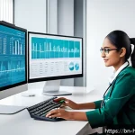 보건의료행정사 업무에 필요한 소프트웨어 - A modern healthcare professional using a digital electronic health record (EHR) software on a sleek ...