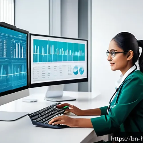 보건의료행정사 업무에 필요한 소프트웨어 - A modern healthcare professional using a digital electronic health record (EHR) software on a sleek ...