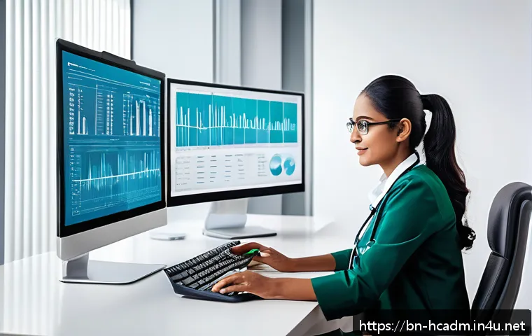 보건의료행정사 업무에 필요한 소프트웨어 - A modern healthcare professional using a digital electronic health record (EHR) software on a sleek ...