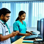 보건의료행정사와 병원 운영 프로세스 - A modern hospital setting in Bangladesh featuring healthcare professionals using electronic medical ...