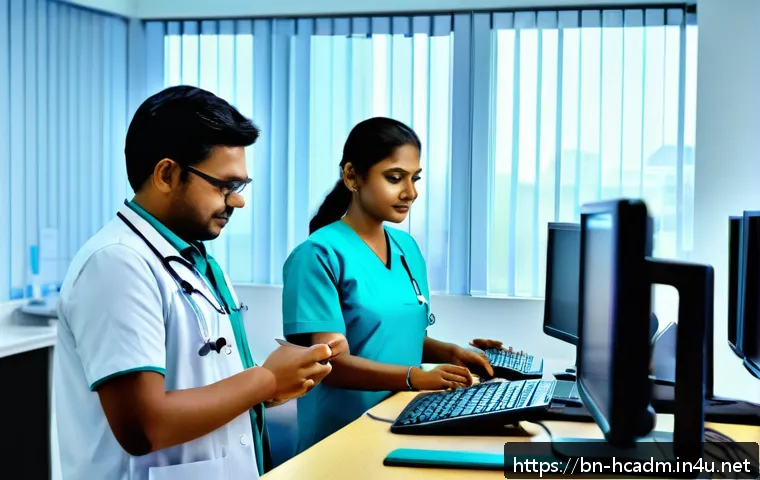 보건의료행정사와 병원 운영 프로세스 - A modern hospital setting in Bangladesh featuring healthcare professionals using electronic medical ...